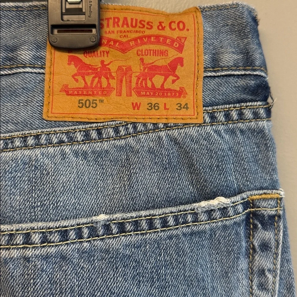 Levi’s 505 Regular Fit Jeans 36x34 Light Wash Distressed Repaired Denim